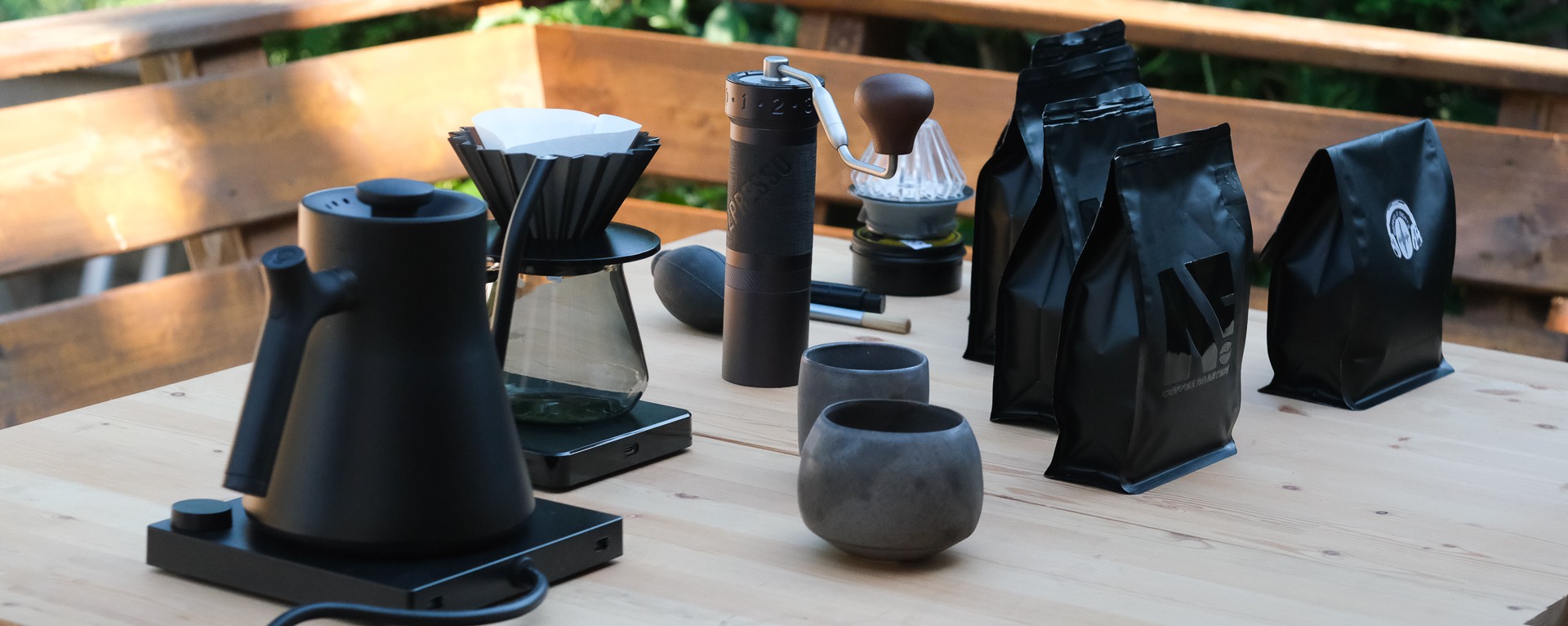 Brew gear laid out on a wooden table